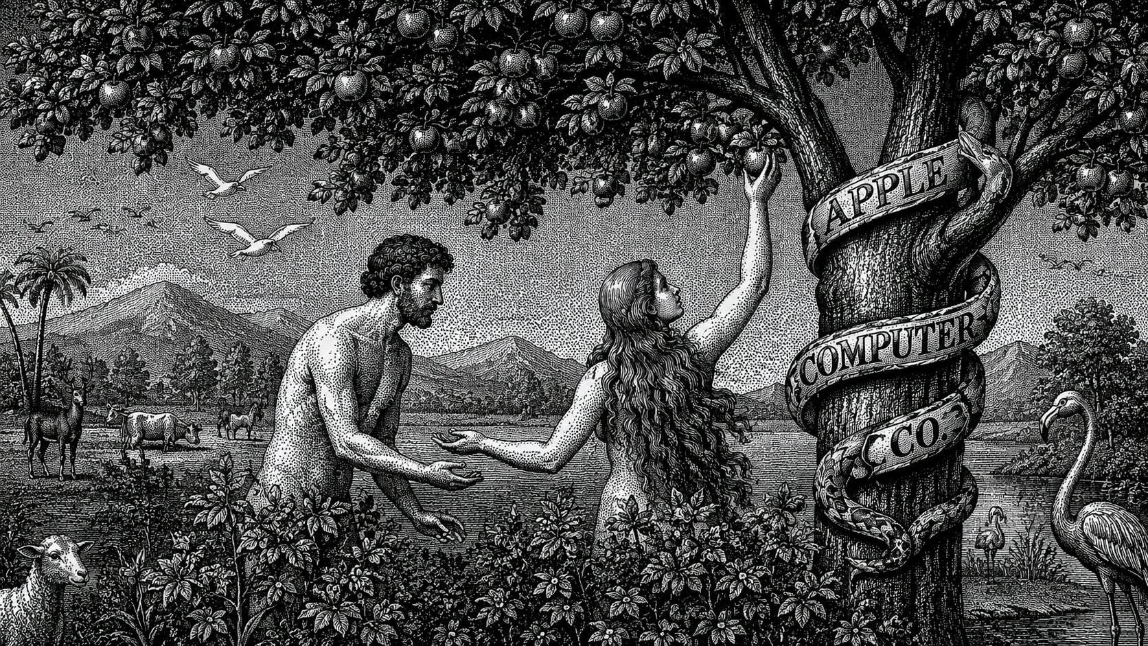 Adam & Eve under the apple tree, the serpent carrying the Apple Computer banner - 1-bit engraving