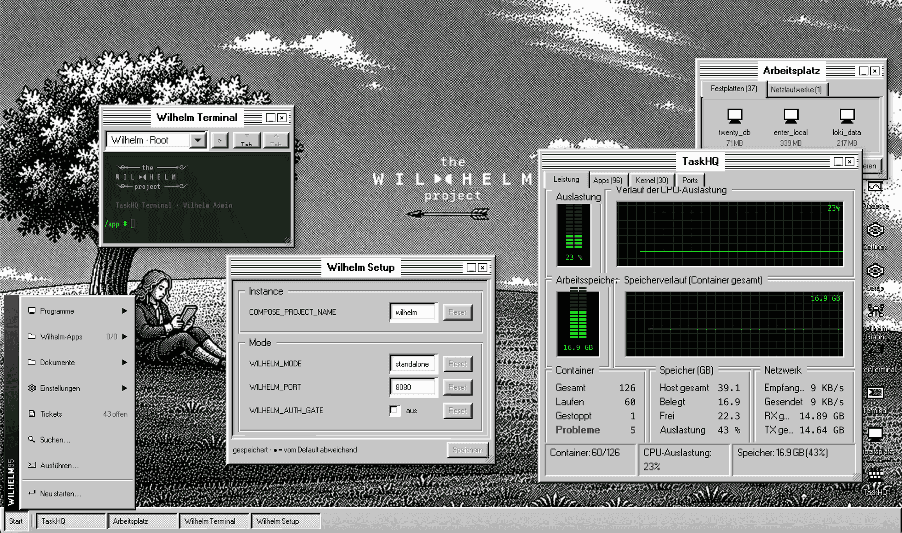 The Wilhelm Admin Console - TaskHQ desktop with Docker manager, terminal, setup and workplace windows