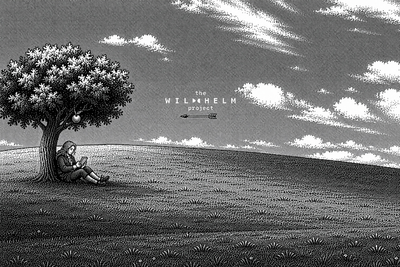 Newton under the apple tree - 1-bit engraving